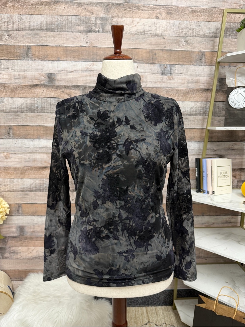 Adore Black Velvet Floral Pattern Mock Neck Long Sleeve Mesh Top